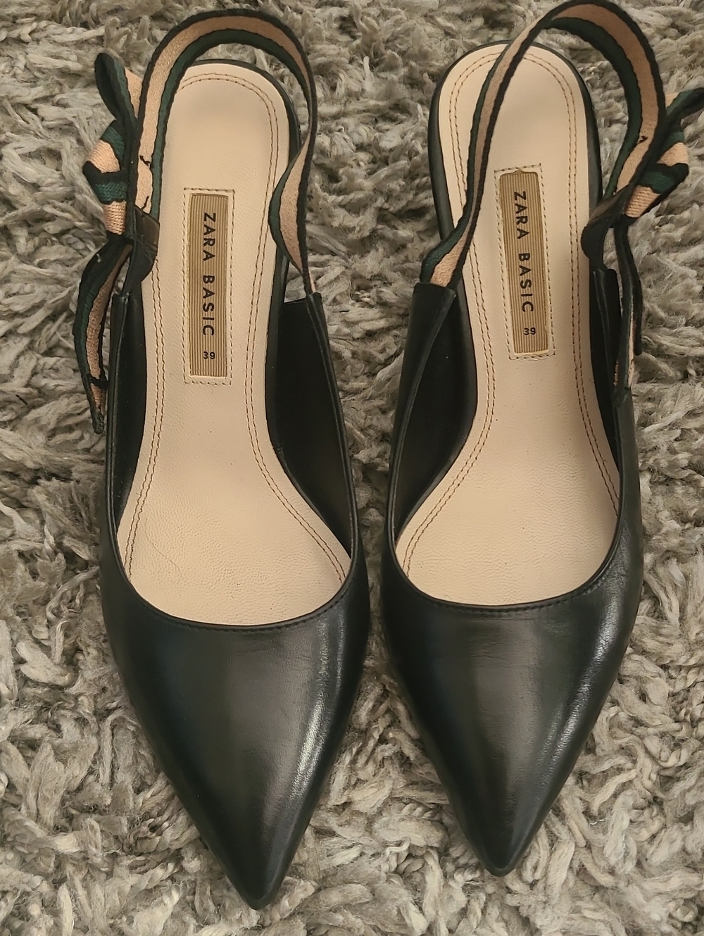 Zara Black Pointed Slingback Heels with Patterned Ankle Tie